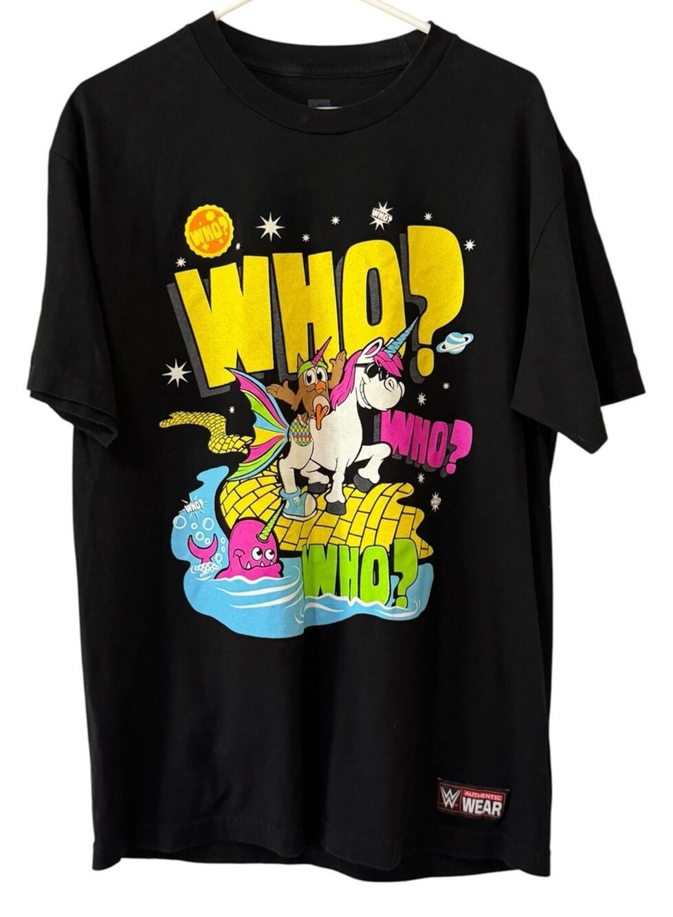 WWE New Day T-Shirt Unisex Sz Large WHO Unicorn Graphic Wrestling That's Who Tee